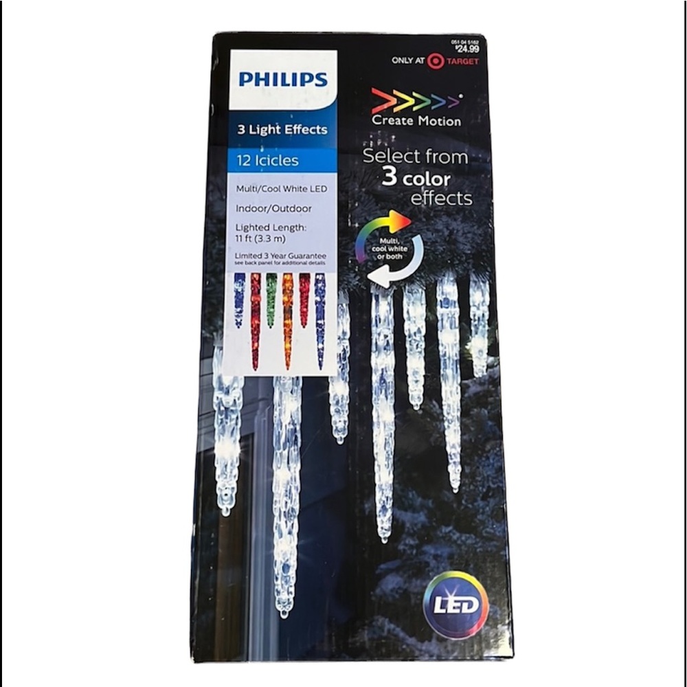 PHILIPS LED WHITE WIRE 11 FEET 3 LIGHT EFFECTS 12 ICICLES INDOOR OUTDOOR ICICLES